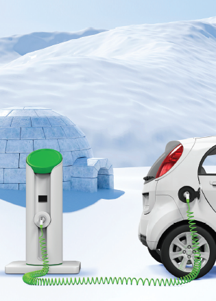 EV car charging at a charging station in the cold